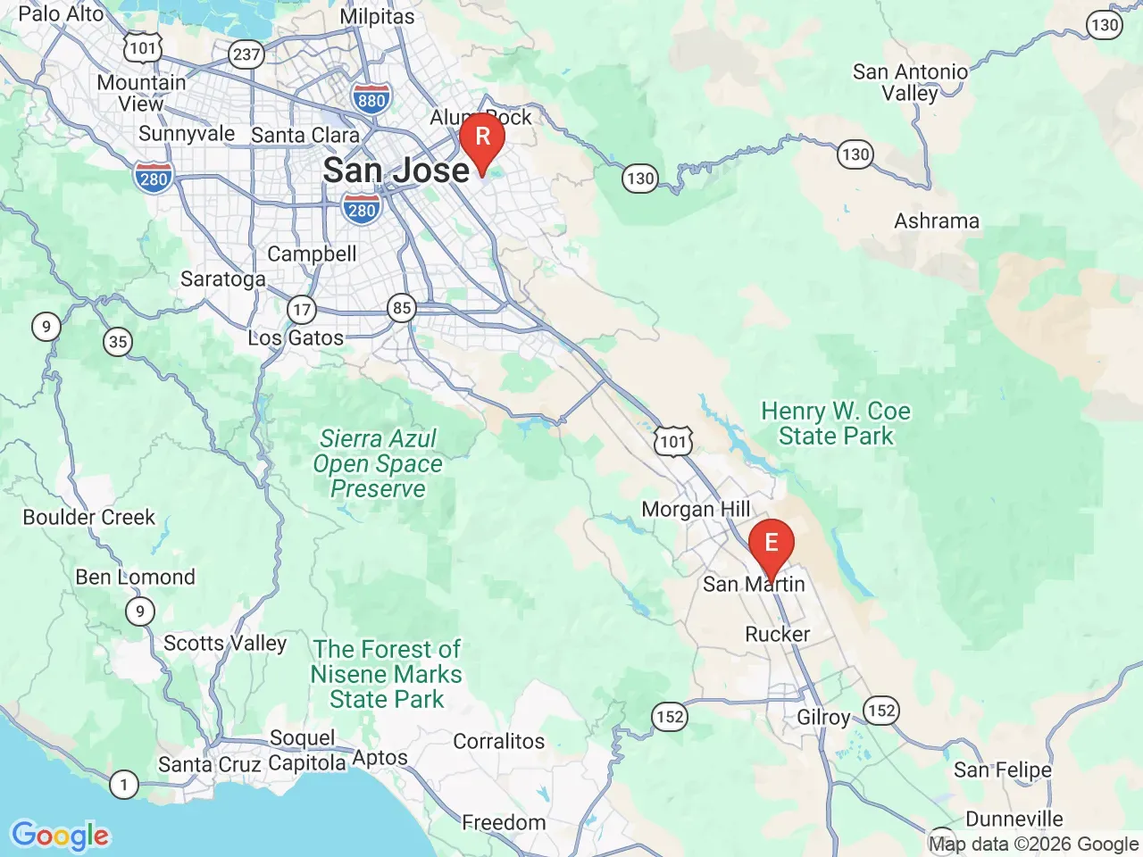 Map showing Cloud Nine Flight Services operating from Reid-Hillview Airport (RHV) and San Martin Airport (E16) in the San Francisco Bay Area